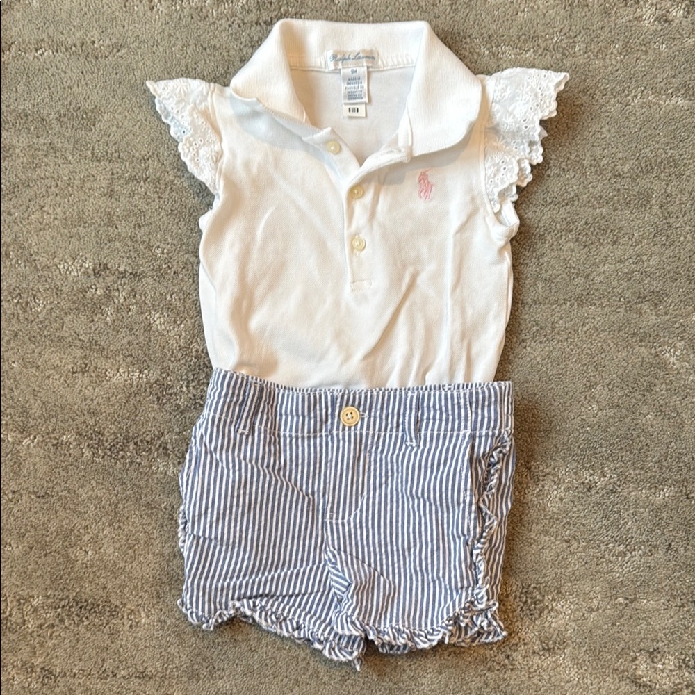 RALPH LAUREN White Polo Shirt with Blue Striped Shorts